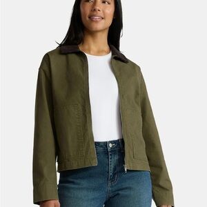 EUC Madden NYC Cotton Canvas Barn Jacket Corduroy Collar Chore Coat Olive Green